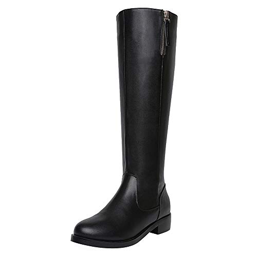 ANUFER Damen Elegant Mikrofaser Leder Kniehoch Stiefel Blockabsatz Seitlicher Reißverschluss Schwarz Reitstiefel SN020740 EU37.5 von ANUFER