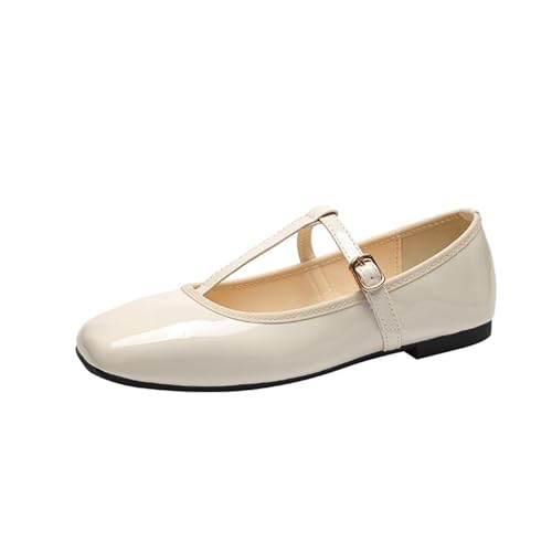 ANUFER Damen Flache Mary Jane Schuhe Schnalle T-Riemen Ballett-Pumps SD5A1208 Beige EU38.5 von ANUFER
