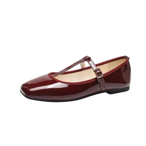 ANUFER Damen Flache Mary Jane Schuhe Schnalle T-Riemen Ballett-Pumps SD5A1208 Burgunderrot EU38.5 von ANUFER