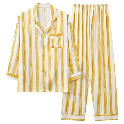 ANUFER Damen Gestreift Helle Farben Pyjama-Set 2 Stück Langärmelig Knopf Runter Loungewear SN0704107 Gelb L ANUFER Damen Gestreift Helle Farben Pyjama-Set 2 Stück Langärmelig Knopf Runter Loungewear SN0704107 Gelb L von ANUFER
