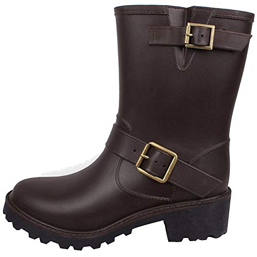 ANUFER Damen Gummistiefel Klobige Ferse Einstellbar Schnalle Schlüpfen Mitte der Wade Regenstiefel Kaffee 39.5 EU ANUFER Damen Gummistiefel Klobige Ferse Einstellbar Schnalle Schlüpfen Mitte der Wade Regenstiefel Kaffee 39.5 EU von ANUFER
