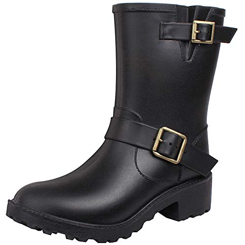 ANUFER Damen Gummistiefel Klobige Ferse Einstellbar Schnalle Schlüpfen Mitte der Wade Regenstiefel Schwarz 36 EU von ANUFER