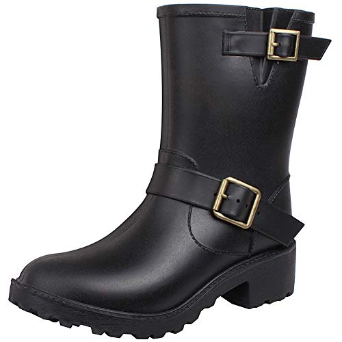 ANUFER Damen Gummistiefel Klobige Ferse Einstellbar Schnalle Schlüpfen Mitte der Wade Regenstiefel Schwarz 37 EU ANUFER Damen Gummistiefel Klobige Ferse Einstellbar Schnalle Schlüpfen Mitte der Wade Regenstiefel Schwarz 37 EU von ANUFER