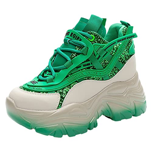 ANUFER Damen Hohe Plattform Chunky Trainer Schuhe Glänzend Pailletten Mode Keilabsatz Turnschuhe Grün SN070147 EU36 von ANUFER