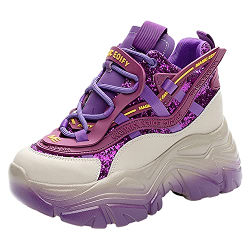 ANUFER Damen Hohe Plattform Chunky Trainer Schuhe Glänzend Pailletten Mode Keilabsatz Turnschuhe Lila SN070147 EU38.5 von ANUFER