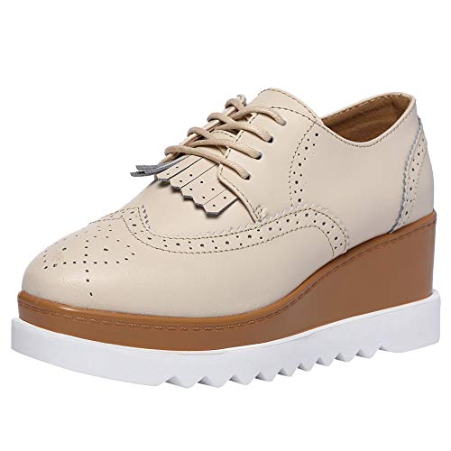 ANUFER Damen Hohe Plattform Creepers Schnüren Brogue Quaste Keilabsatz Quadratische Zehe Turnschuhe Beige SN020213 EU36 von ANUFER