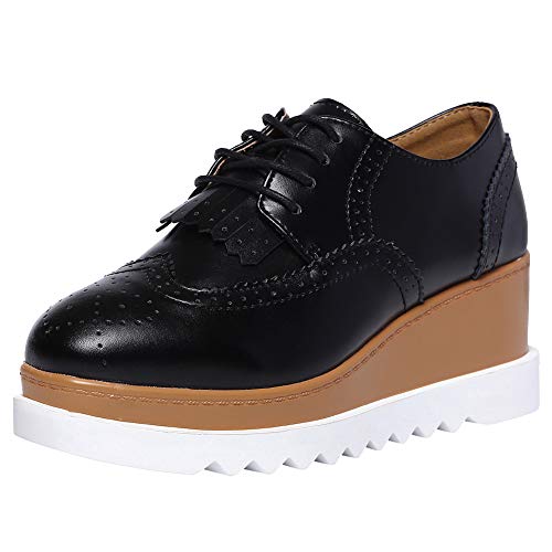 ANUFER Damen Hohe Plattform Creepers Schnüren Brogue Quaste Keilabsatz Quadratische Zehe Turnschuhe Schwarz SN020213 EU37 von ANUFER