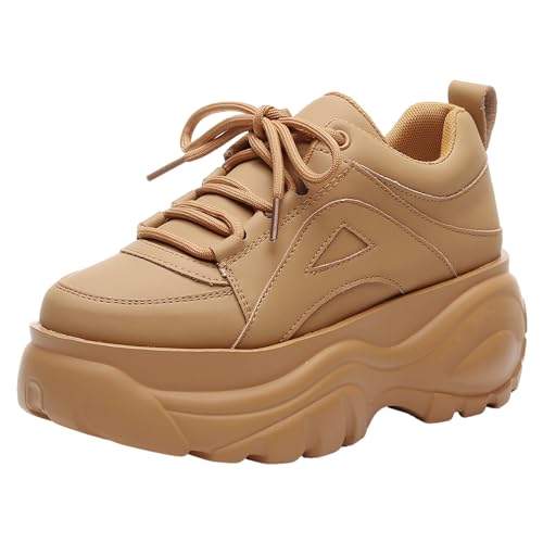 ANUFER Damen Hohe Plattform Chunky Turnschuhe Beiläufig Schnüren Sport Papa Schuhe Braun SN02920 EU37 von ANUFER