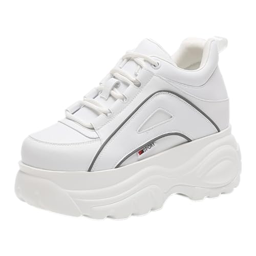 ANUFER Damen Hohe Plattform Chunky Turnschuhe Beiläufig Schnüren Sport Papa Schuhe Weiß mit Schwarzem Rand SN02920 EU39.5 von ANUFER