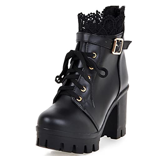 ANUFER Damen Hoher Blockabsatz Bahnsteig Pumps Schuhe Spitze Rücken Reißverschluss Stiefeletten Schwarz SD5ASH011 EU41 von ANUFER