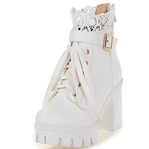 ANUFER Damen Hoher Blockabsatz Bahnsteig Pumps Schuhe Spitze Rücken Reißverschluss Stiefeletten Weiß SD5ASH011 EU38 von ANUFER