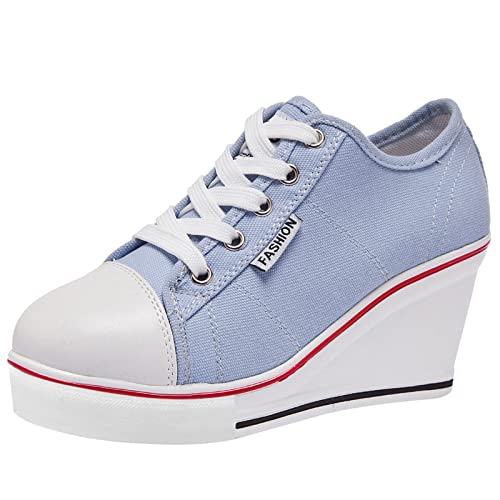 ANUFER Damen Keilabsatz Schnüren Canvas Turnschuhe Blau SN02435 EU35 von ANUFER