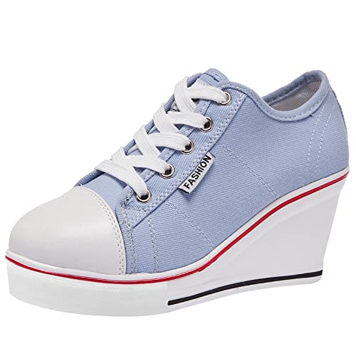 ANUFER Damen Keilabsatz Schnüren Canvas Turnschuhe Blau SN02435 EU39.5 von ANUFER