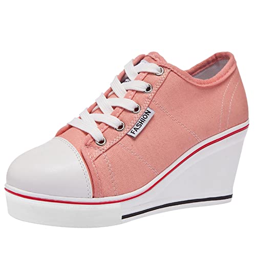 ANUFER Damen Keilabsatz Schnüren Canvas Turnschuhe Rosa SN02435 EU37 von ANUFER