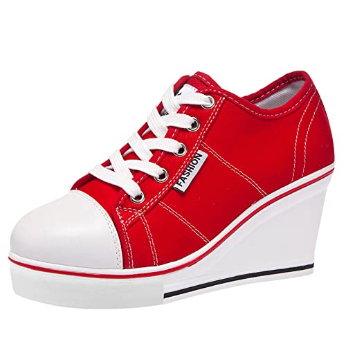 ANUFER Damen Keilabsatz Schnüren Canvas Turnschuhe Rot SN02435 EU38.5 von ANUFER