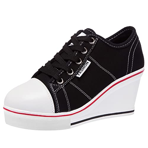 ANUFER Damen Keilabsatz Schnüren Canvas Turnschuhe Schwarz SN02435 EU36 von ANUFER