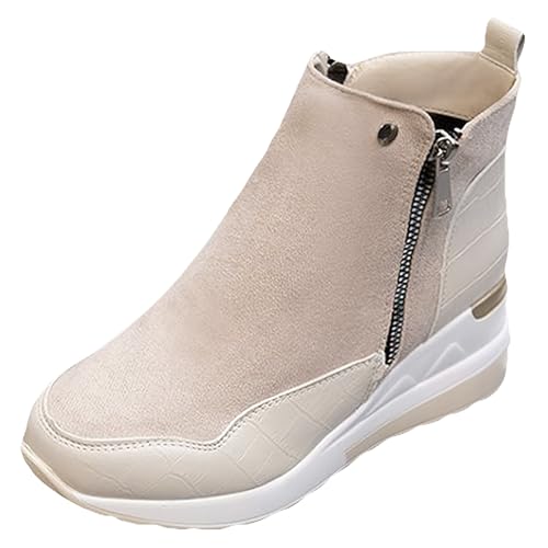 ANUFER Damen Keilabsatz Wildlederimitat Stiefeletten Doppelter Seitlicher Reißverschluss Trainer Stiefel SN0707268 Nackt EU38 von ANUFER