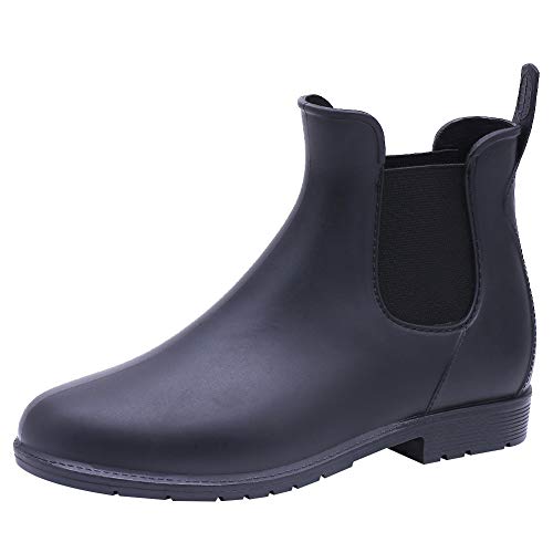 ANUFER Damen Knöchelhoch Chelsea Regenstiefel Wasserdicht Slip-on Gummistiefel Schuhe Schwarz 40 EU von ANUFER
