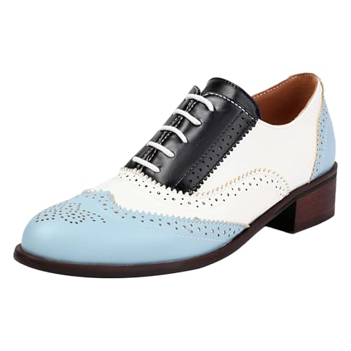 ANUFER Damen Kontrastfarbe Blockabsatz Flügelspitze Brogues Niedrige Spitze Oxfords Hofschuhe Blau SN0706226-2 EU39 von ANUFER