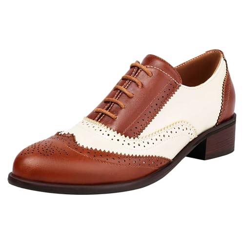 ANUFER Damen Kontrastfarbe Blockabsatz Flügelspitze Brogues Niedrige Spitze Oxfords Hofschuhe Braun SN0706226-2 EU40 von ANUFER