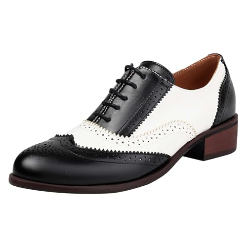 ANUFER Damen Kontrastfarbe Blockabsatz Flügelspitze Brogues Niedrige Spitze Oxfords Hofschuhe Schwarz SN0706226-2 EU38 von ANUFER