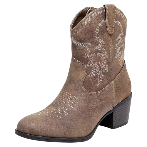 ANUFER Damen Mittlere Wade Cowboystiefel Gestickt Blockferse Seitlicher Reißverschluss Westernschuhe SN079163D Braun EU41 von ANUFER
