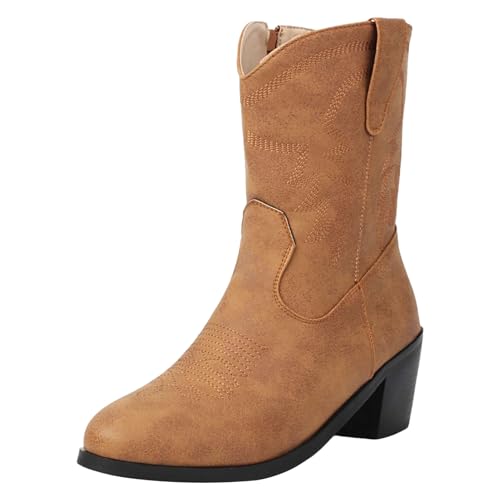 ANUFER Damen Mittlere Wade Cowboystiefel Gestickt Blockferse Seitlicher Reißverschluss Westernschuhe SN079163D Gelblich-Braun EU44.5 von ANUFER