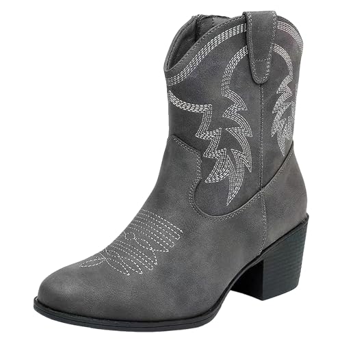 ANUFER Damen Mittlere Wade Cowboystiefel Gestickt Blockferse Seitlicher Reißverschluss Westernschuhe SN079163D Grau EU37.5 von ANUFER