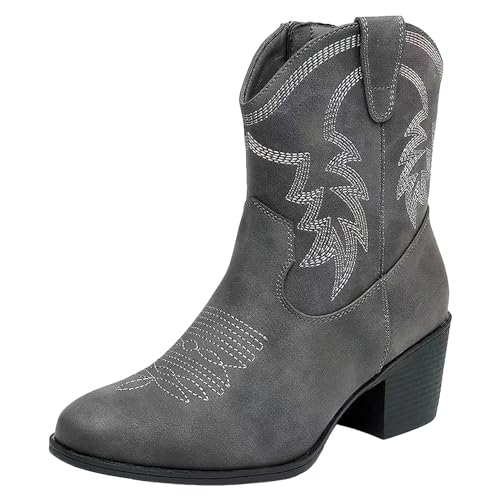 ANUFER Damen Mittlere Wade Cowboystiefel Gestickt Blockferse Seitlicher Reißverschluss Westernschuhe SN079163D Grau EU38 von ANUFER