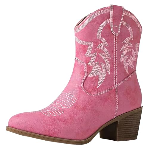ANUFER Damen Mittlere Wade Cowboystiefel Gestickt Blockferse Seitlicher Reißverschluss Westernschuhe SN079163D Rosa EU44 von ANUFER