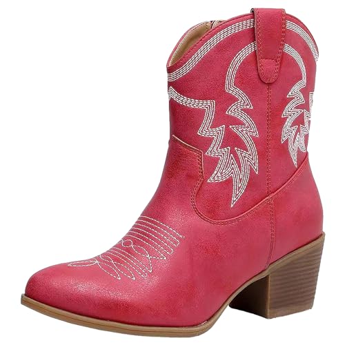 ANUFER Damen Mittlere Wade Cowboystiefel Gestickt Blockferse Seitlicher Reißverschluss Westernschuhe SN079163D Rot EU36 von ANUFER
