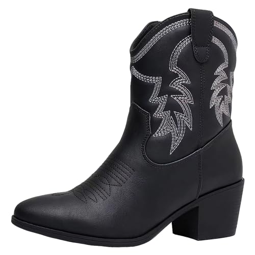 ANUFER Damen Mittlere Wade Cowboystiefel Gestickt Blockferse Seitlicher Reißverschluss Westernschuhe SN079163D Schwarz EU42 von ANUFER