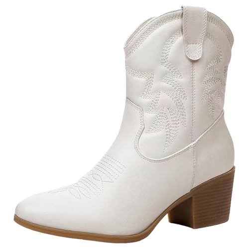 ANUFER Damen Mittlere Wade Cowboystiefel Gestickt Blockferse Seitlicher Reißverschluss Westernschuhe SN079163D Weiß EU42.5 von ANUFER