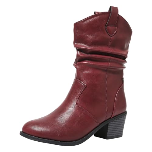 ANUFER Damen Mittlere Wade Cowboystiefel Mittlerer Blockabsatz Plissiert Slip-On Stiefeletten SN0708277 Burgunderrot EU41 von ANUFER