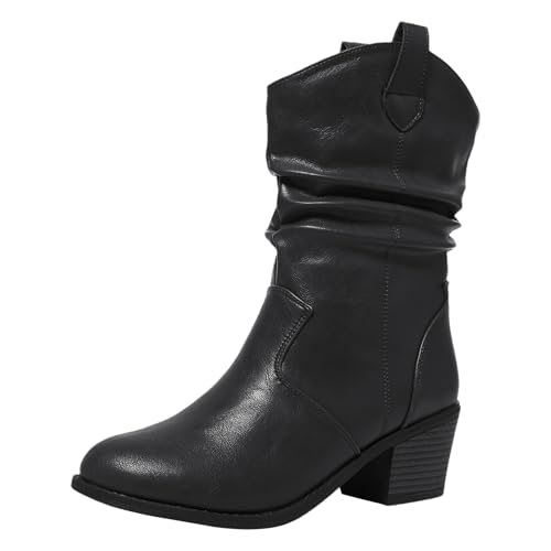 ANUFER Damen Mittlere Wade Cowboystiefel Mittlerer Blockabsatz Plissiert Slip-On Stiefeletten SN0708277 Schwarz EU36 von ANUFER