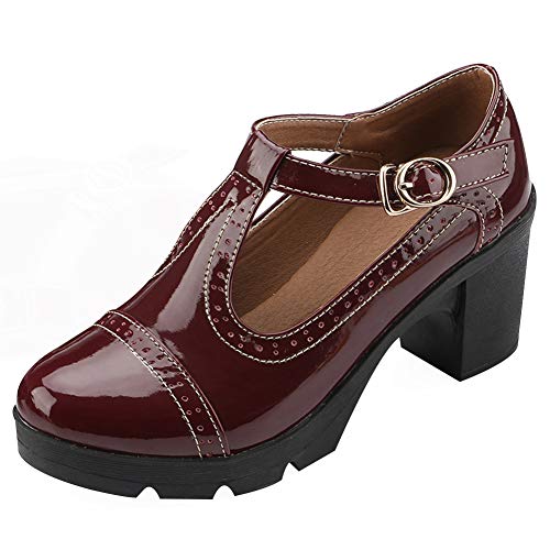 ANUFER Damen Mittlerer Blockabsatz T-Riemen Brogues Pumps Mary Janes Uniform Büro Abendschuhe Burgund SN020216 EU36 von ANUFER