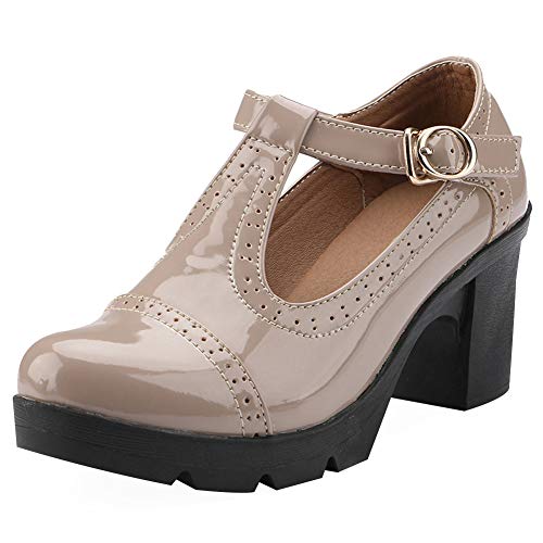 ANUFER Damen Mittlerer Blockabsatz T-Riemen Brogues Pumps Mary Janes Uniform Büro Abendschuhe Nackt SN020216 EU37 von ANUFER