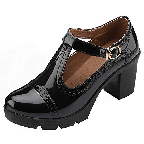 ANUFER Damen Mittlerer Blockabsatz T-Riemen Brogues Pumps Mary Janes Uniform Büro Abendschuhe Schwarz SN020216 EU35 von ANUFER