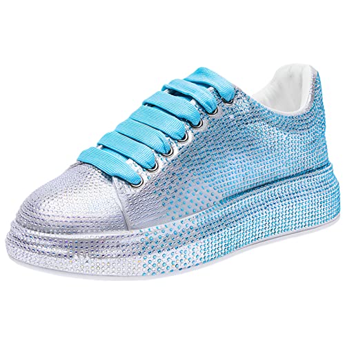 ANUFER Damen Mode Dicke Sohle Turnschuhe Funkeln Verlaufsfarben Strasssteine Schnüren Zwanglos Sportschuhe Blau SN070629 EU41 von ANUFER