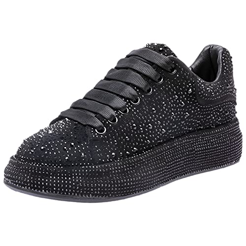 ANUFER Damen Mode Dicke Sohle Turnschuhe Funkeln Verlaufsfarben Strasssteine Schnüren Zwanglos Sportschuhe Schwarz SN070629 EU35 von ANUFER