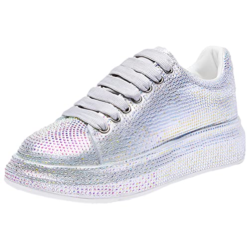 ANUFER Damen Mode Dicke Sohle Turnschuhe Funkeln Verlaufsfarben Strasssteine Schnüren Zwanglos Sportschuhe Silber SN070629 EU38.5 von ANUFER