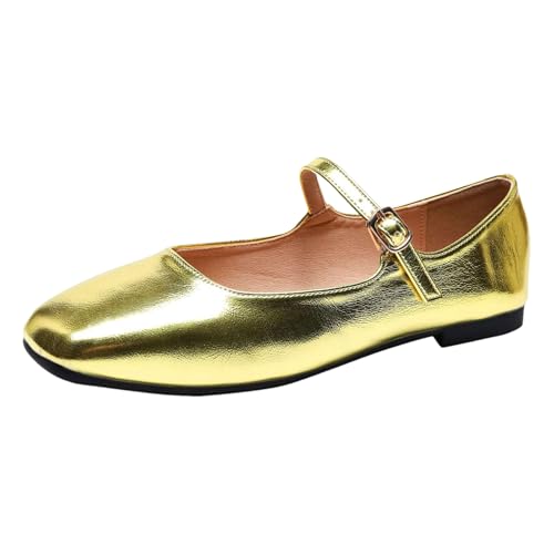 ANUFER Damen Retro Mary Janes Quadratische Zehenpartie Schnallenriemen Ballerinas SN0705207 Gold EU40.5 von ANUFER