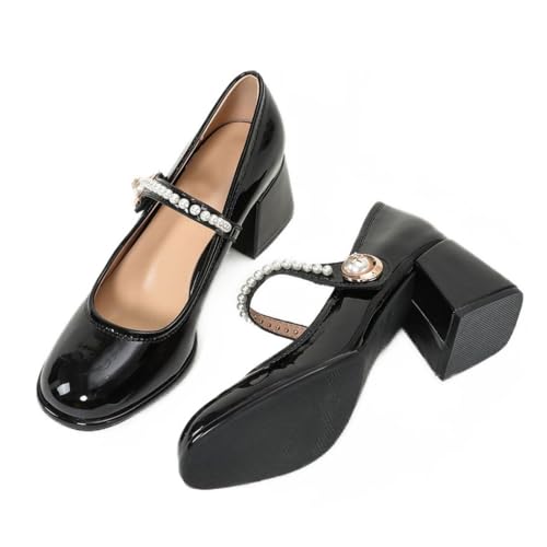 ANUFER Damen Retro Mittlerer Blockabsatz Mary Janes Lackleder Perlen-Schnalle Anzug-Schuhe SD5A1228 Schwarz EU38 von ANUFER
