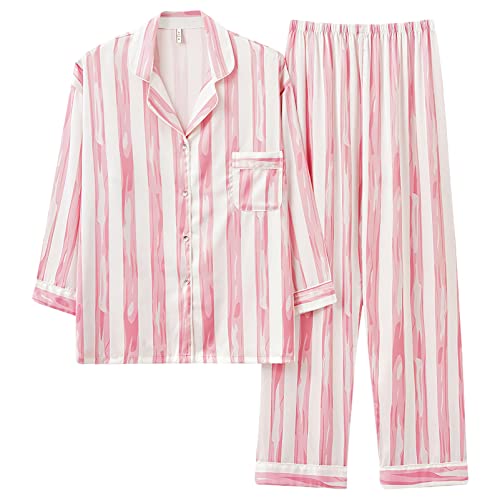 ANUFER Damen Schick Gestreift Helle Farben Pyjama-Set 2 Stück Langärmelig Knopf Runter Loungewear SN0704107 Rosa M von ANUFER