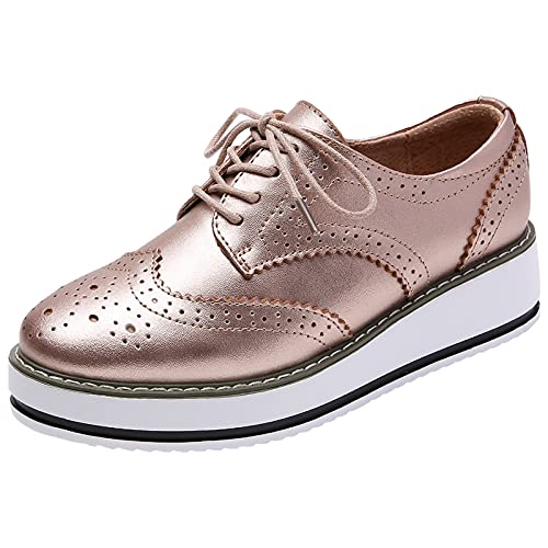 ANUFER Damen Schnüren Brogues Turnschuhe Beiläufig Plattform Creeper Gold Matt SN02887 EU38.5 von ANUFER