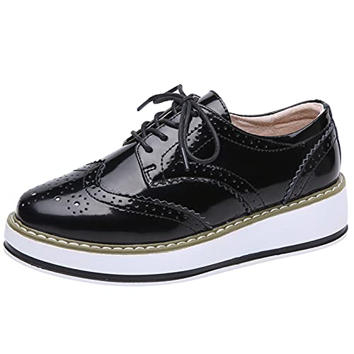 ANUFER Damen Schnüren Brogues Turnschuhe Beiläufig Plattform Creeper Schwarz Patent SN02887 EU38 von ANUFER