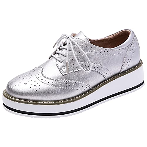 ANUFER Damen Schnüren Brogues Turnschuhe Beiläufig Plattform Creeper Silber Matt SN02887 EU38.5 von ANUFER