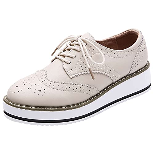 ANUFER Damen Schnüren Brogues Turnschuhe Beiläufig Plattform Creeper Beige Matt SN02887 EU37 von ANUFER