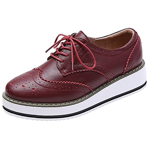 ANUFER Damen Schnüren Brogues Turnschuhe Beiläufig Plattform Creeper Burgund Matt SN02887 EU41 von ANUFER