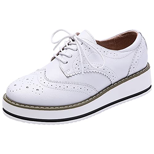 ANUFER Damen Schnüren Brogues Turnschuhe Beiläufig Plattform Creeper Weiß Matt SN02887 EU40 von ANUFER